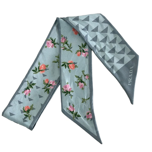 Prada Scarf Light Blue Pink Multi Ribbon Floral Pattern