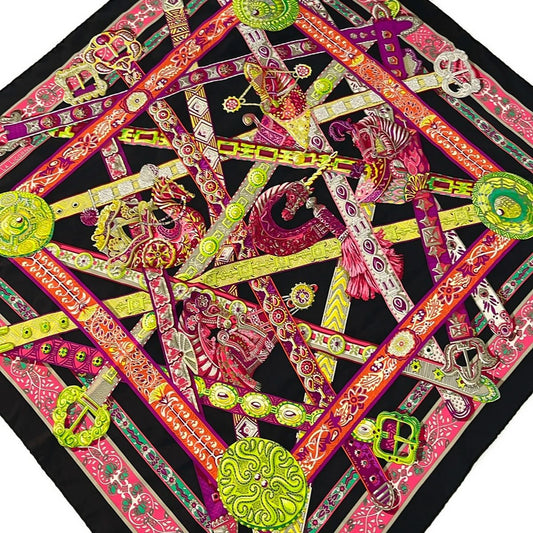 Hermes Scarf Carre 90 Black Pink Multi Songe Licorne