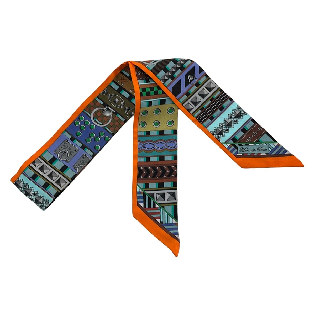 Hermes Scarf Twill Orange Light Blue Multi Ribbon