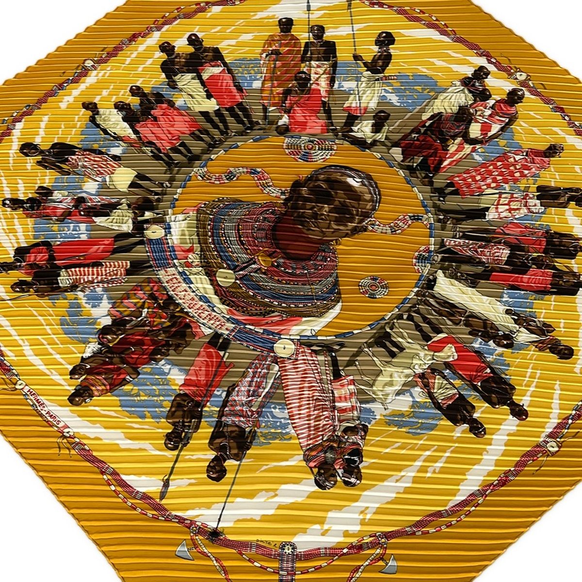 Hermes Scarf Carre Plisse Dark Yellow Multi Perles du Kenya