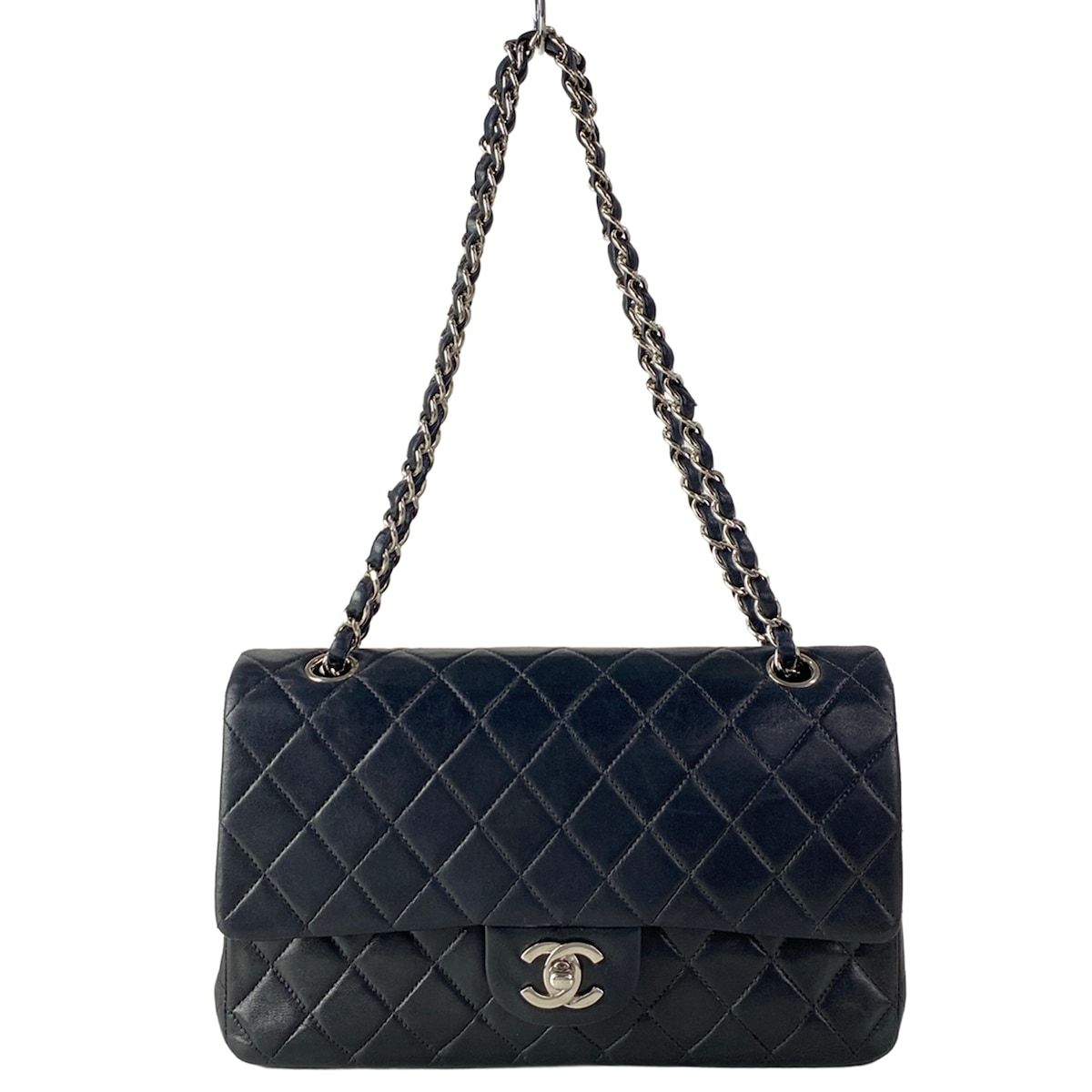 Chanel Shoulder Bag Double Flap Quilted Black Chain Silver Lambskin
