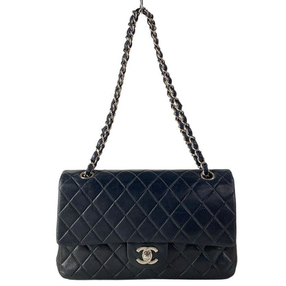 Chanel Shoulder Bag Double Flap Quilted Black Chain Silver Lambskin