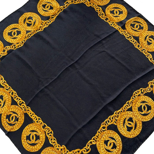 Chanel Scarf Black Gold CC Logo Chain Pattern Silk