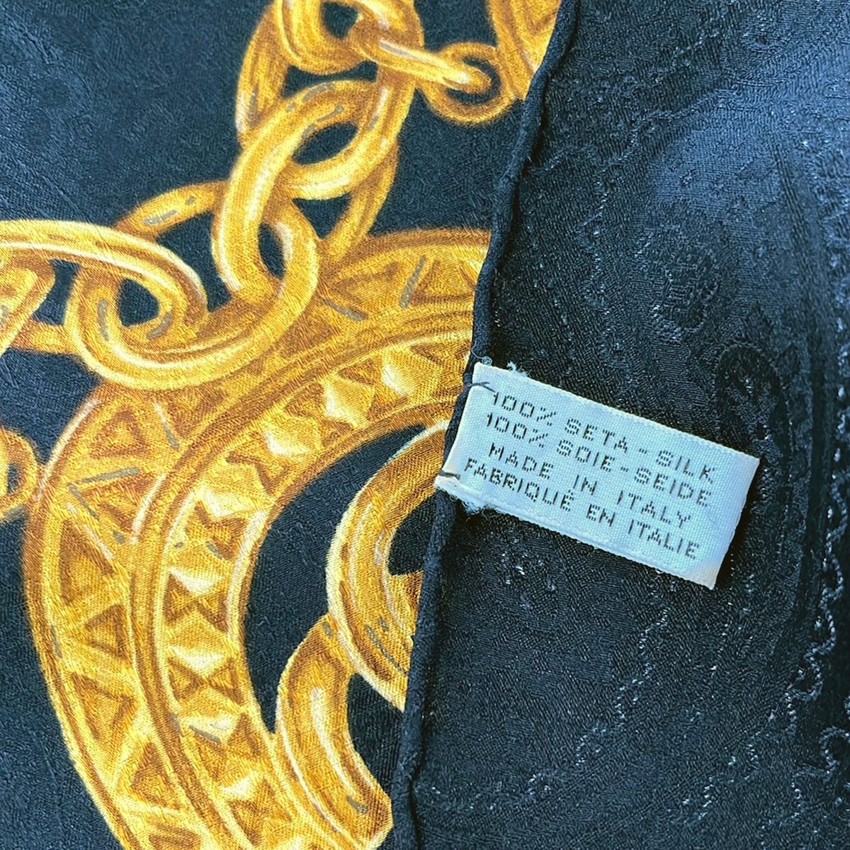 Chanel Scarf Black Gold CC Logo Chain Pattern Silk — view 3