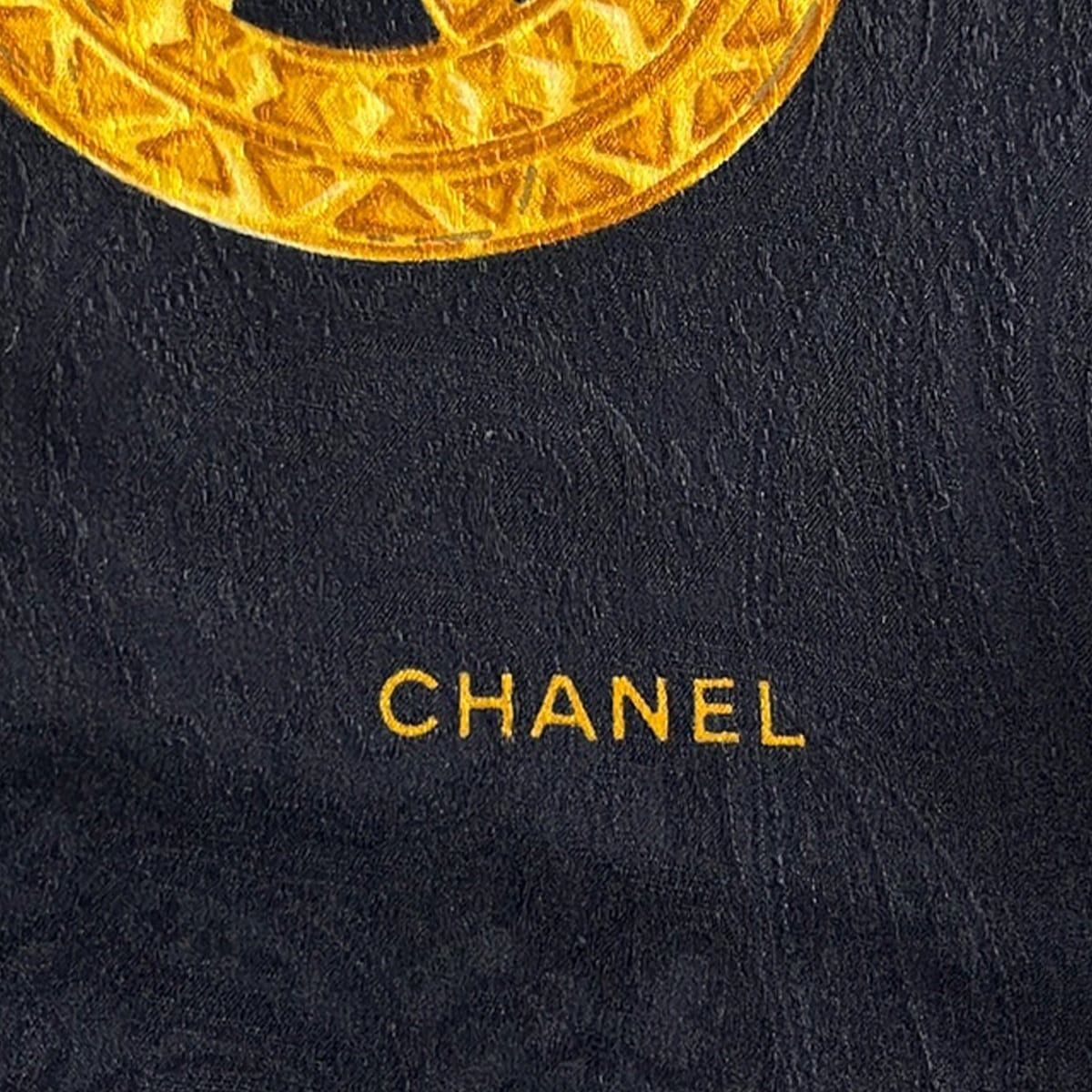 Chanel Scarf Black Gold CC Logo Chain Pattern Silk — view 2