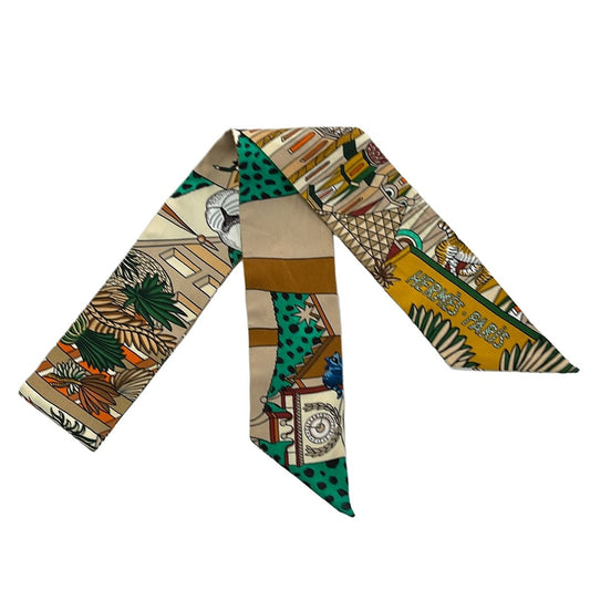 Hermes Scarf Twill Beige Green Multi Ribbon Animapolis