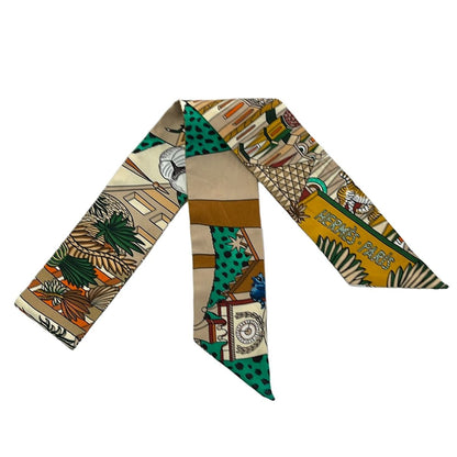 Hermes Scarf Twill Beige Green Multi Ribbon Animapolis