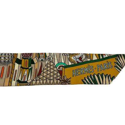 Hermes Scarf Twill Beige Green Multi Ribbon Animapolis — view 4