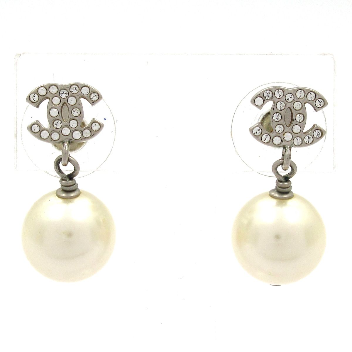 Chanel Earrings Silver White Pearl CC Logo