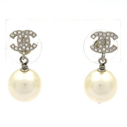 Chanel Earrings Silver White Pearl CC Logo