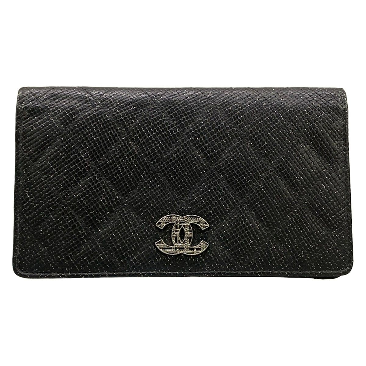 Chanel Wallet Quilted Black Silver Lame