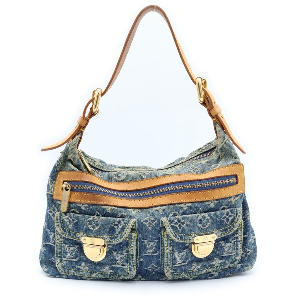 Louis Vuitton Monogram Denim PM Shoulder Bag Indigo Blue Brown Leather Gold