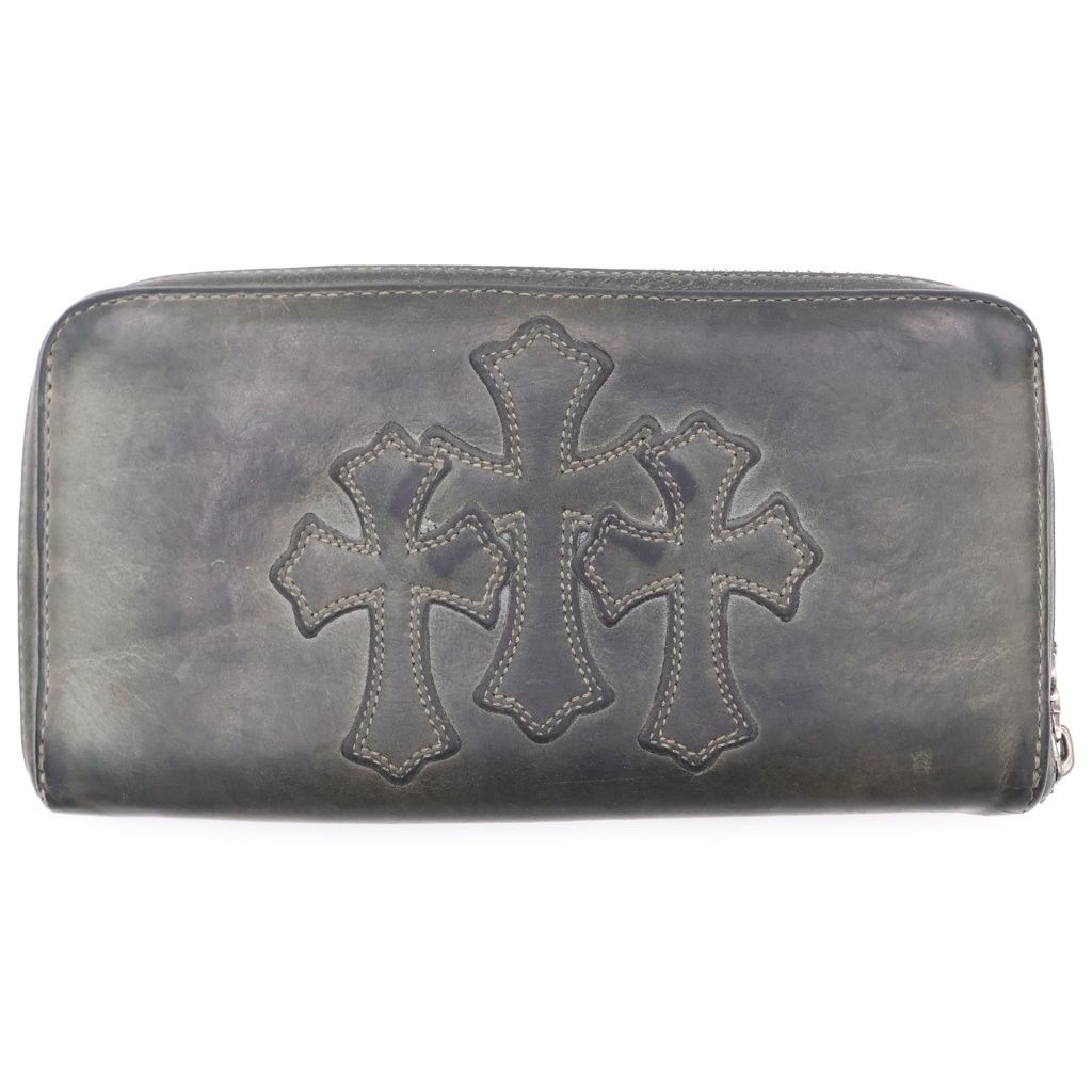 Chrome Hearts Rec Zip 3 Cross Round Zip Leather Wallet Black