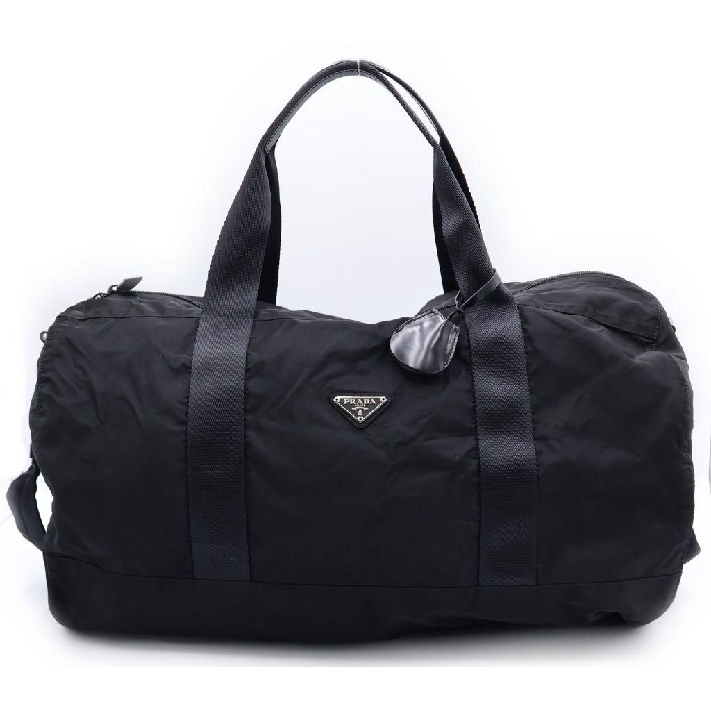 Prada Tessuto Triangle Logo Boston Bag 2-Way Black Nylon Silver