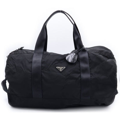 Prada Tessuto Triangle Logo Boston Bag 2-Way Black Nylon Silver