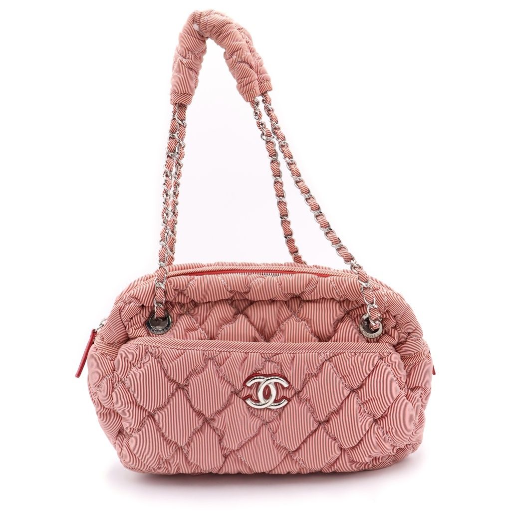 Chanel Bubble Quilt Stripe Chain Shoulder Bag Red White Silver