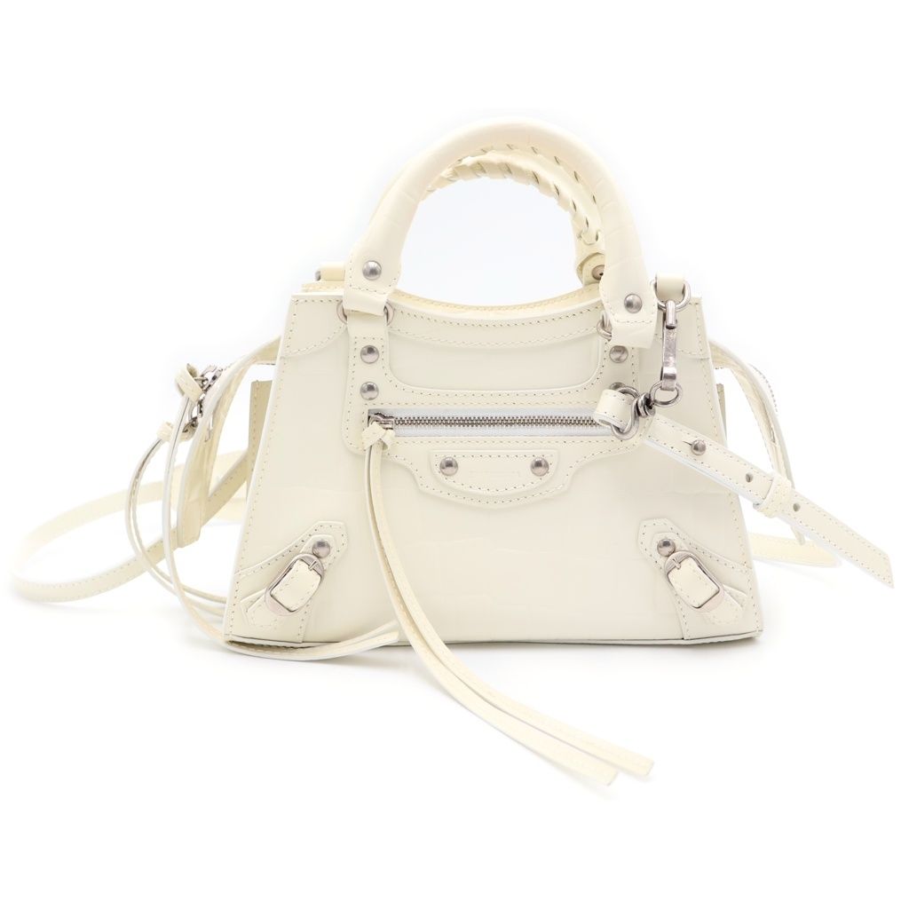 Balenciaga Neo Classic Mini 2-Way Shoulder Bag Ivory White Embossed Croco Silver