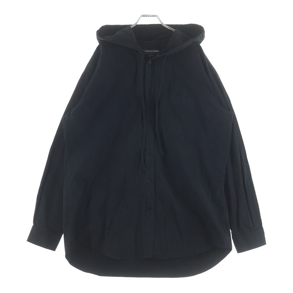 Balenciaga Hooded Drawstring Chest Pocket Long Sleeve Shirt Black Hoodie