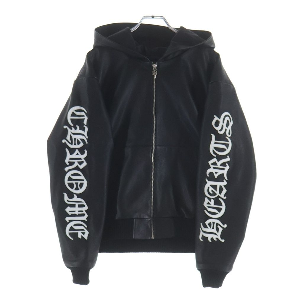 Chrome Hearts English Logo Patch Daga Zip Up Hoodie Leather Jacket Black