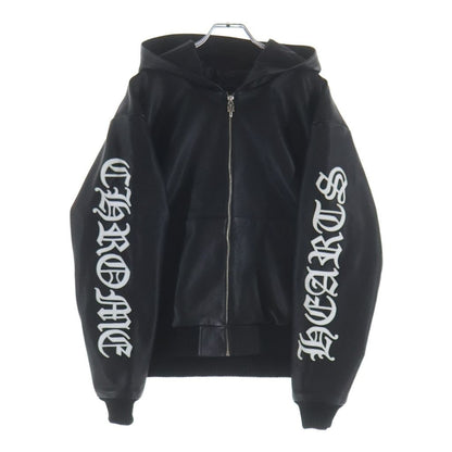Chrome Hearts English Logo Patch Daga Zip Up Hoodie Leather Jacket Black