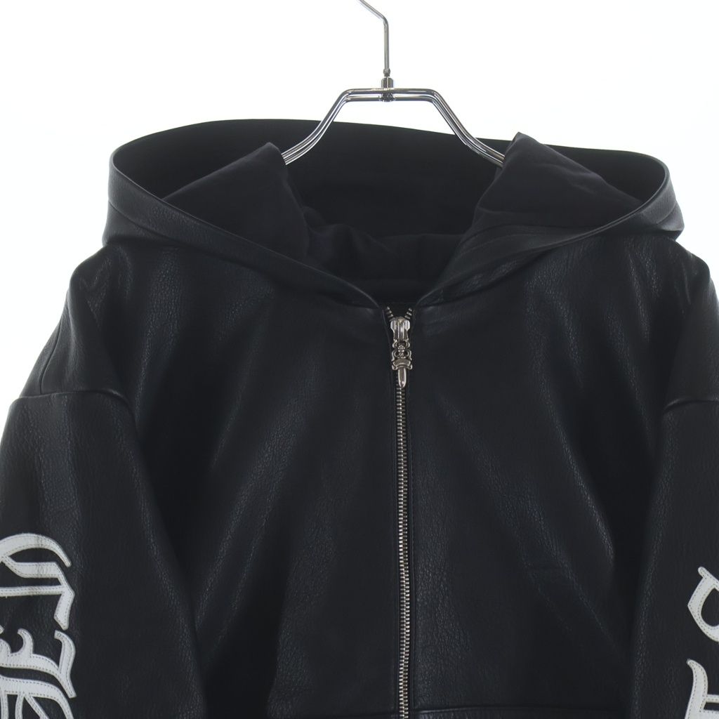 Chrome Hearts English Logo Patch Daga Zip Up Hoodie Leather Jacket Black — view 3