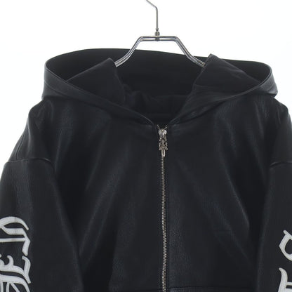 Chrome Hearts English Logo Patch Daga Zip Up Hoodie Leather Jacket Black — view 3