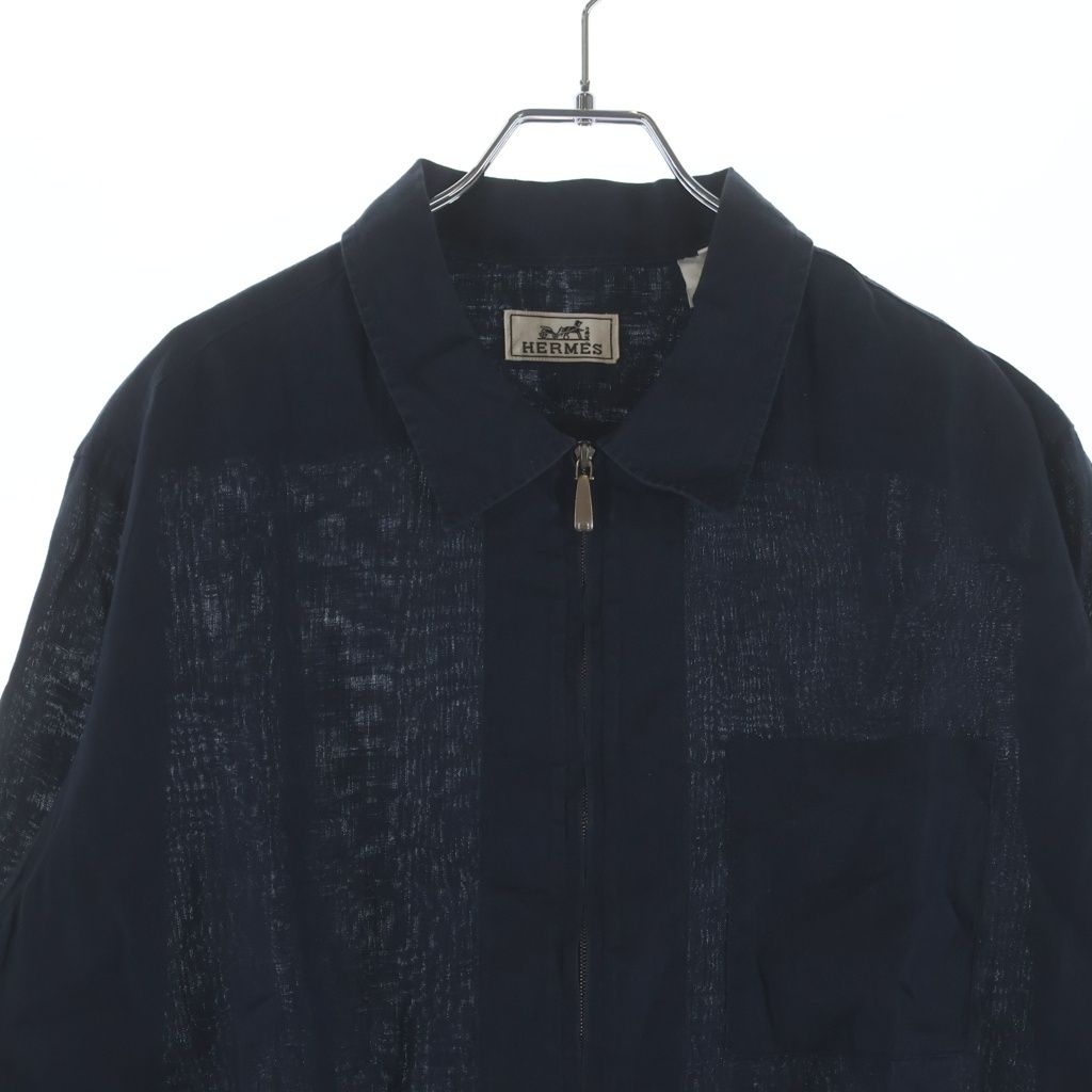 Hermes Long Sleeve Linen Zip Up Shirt Jacket Navy — view 3