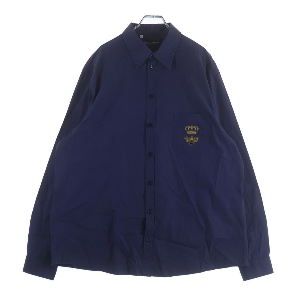 Dolce & Gabbana Chest Bee Embroidery Button Up Collared Long Sleeve Shirt Blue