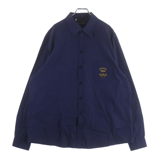 Dolce & Gabbana Chest Bee Embroidery Button Up Collared Long Sleeve Shirt Blue