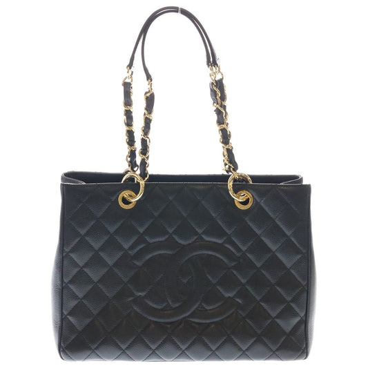 Chanel Quilted CC Logo Caviar Leather Chain Tote Gold Black