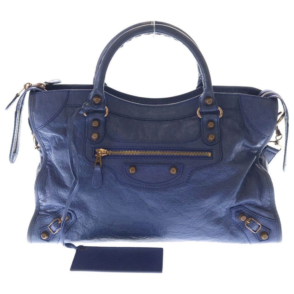 Balenciaga Giant City 2-Way Shoulder Bag Blue Leather Pink Gold