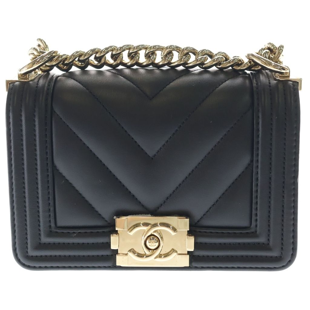 Chanel Mini Boy Shoulder Bag Chain Black Leather Gold