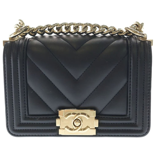 Chanel Mini Boy Shoulder Bag Chain Black Leather Gold