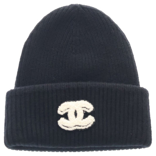 Chanel CC Logo Patch Cashmere Knit Cap Hat Black