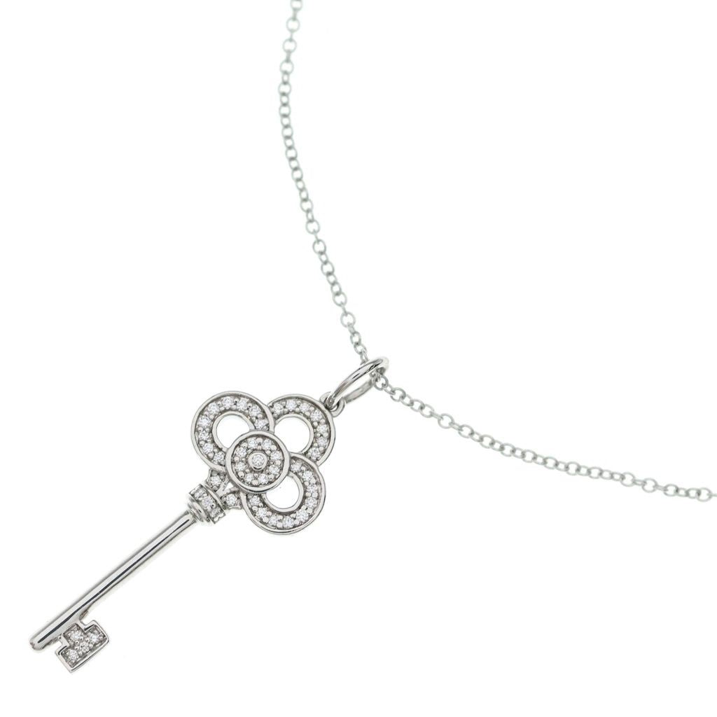 Tiffany & Co Fleur de Lis Key Diamond Pendant Chain Silver