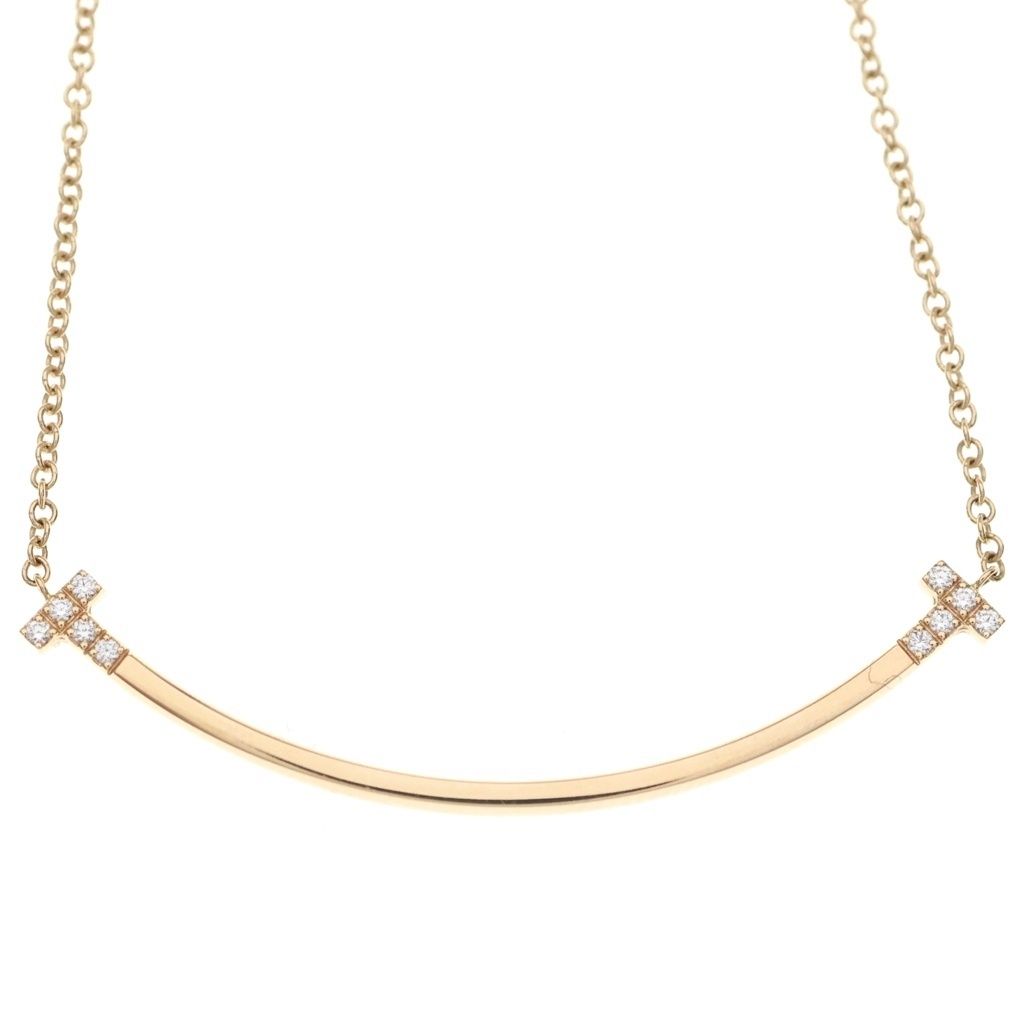 Tiffany & Co T Smile Small Diamond Pendant Chain Pink Gold 18k — view 3
