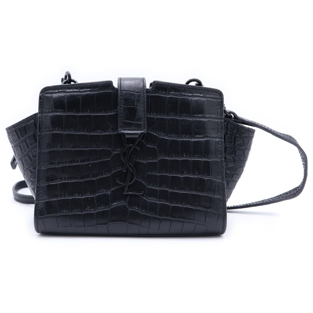 Saint Laurent Paris Raffia Mini Shoulder Bag Black Embossed Croco Leather