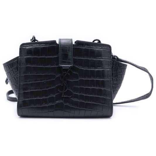Saint Laurent Paris Raffia Mini Shoulder Bag Black Embossed Croco Leather