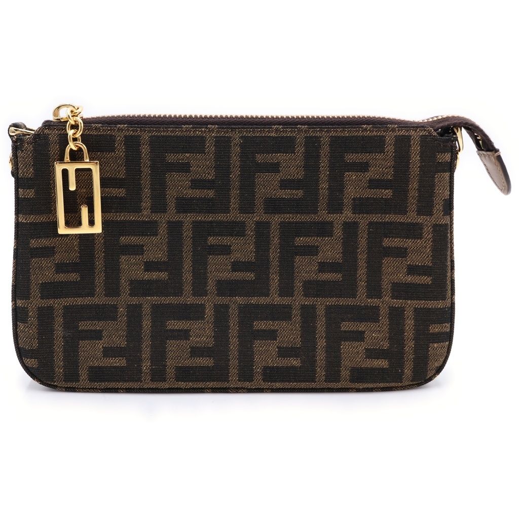 Fendi Zucca Slim Clutch Mini Shoulder Bag Brown Canvas Gold
