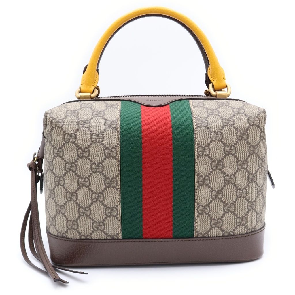 Gucci GG Supreme Mini Boston Bag Yellow Beige Brown Leather Gold
