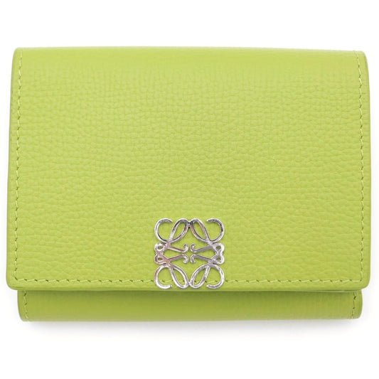 Loewe Anagram Trifold Wallet Compact Coin Case Yellow Green Leather Silver
