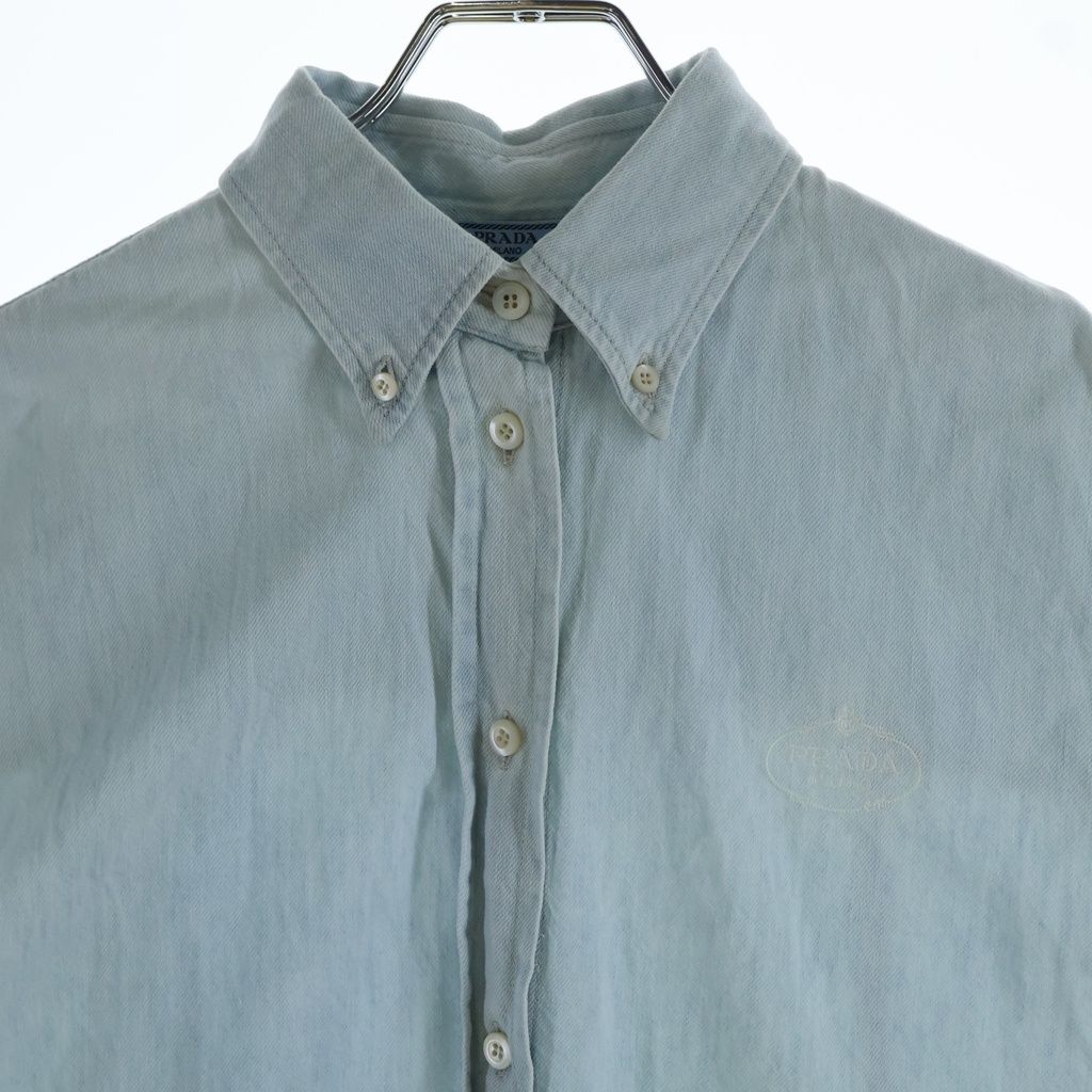 Prada Logo Embroidery Oversize Sleeveless Denim Shirt Indigo — view 3