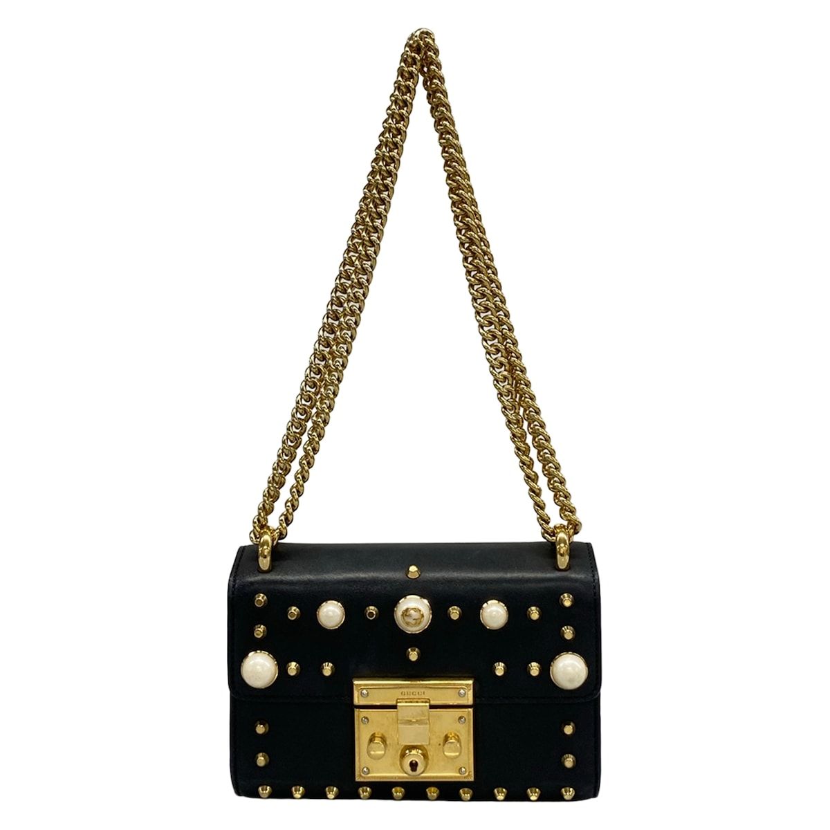 Gucci Shoulder Bag Padlock Black Ivory Studs Faux Pearl Leather