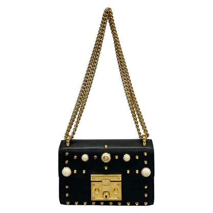 Gucci Shoulder Bag Padlock Black Ivory Studs Faux Pearl Leather