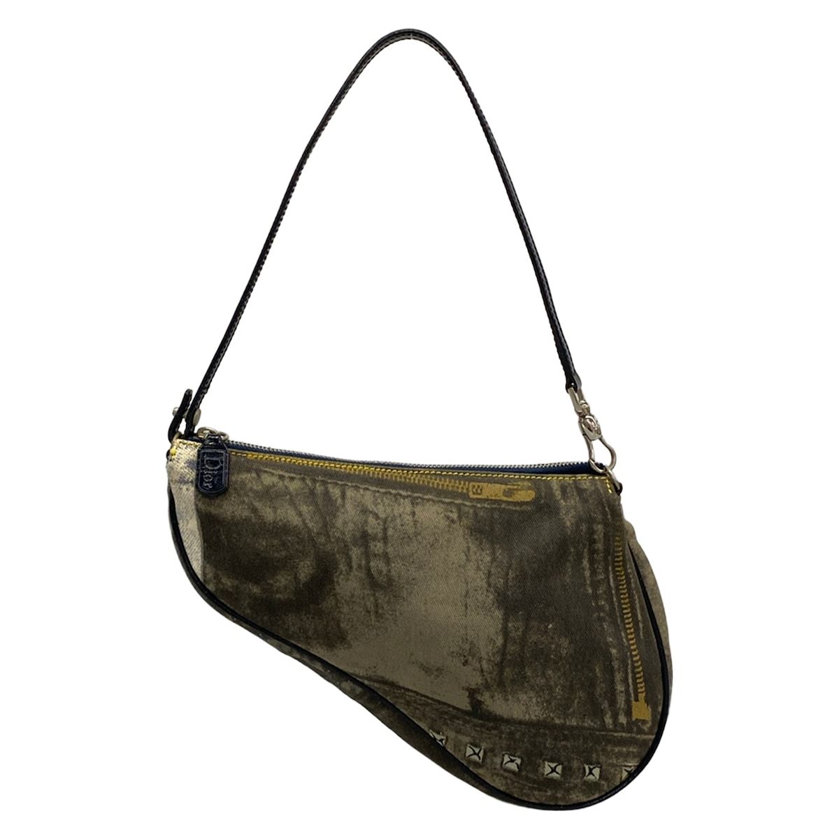 Dior Handbag Saddle Pouch Dark Gray Light Blue Navy Denim Print Leather — view 3
