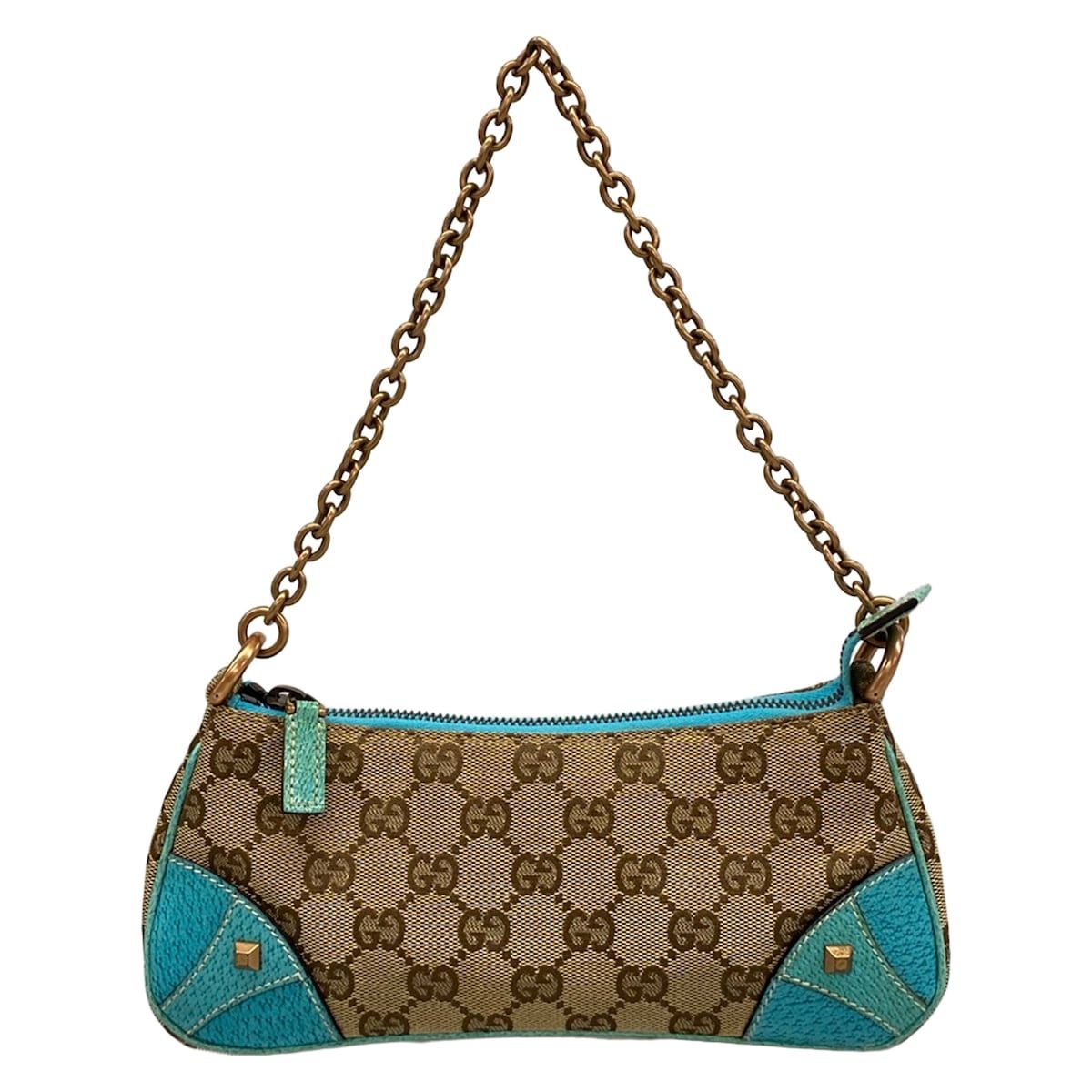 Gucci Handbag GG Pattern Beige Light Blue Leather