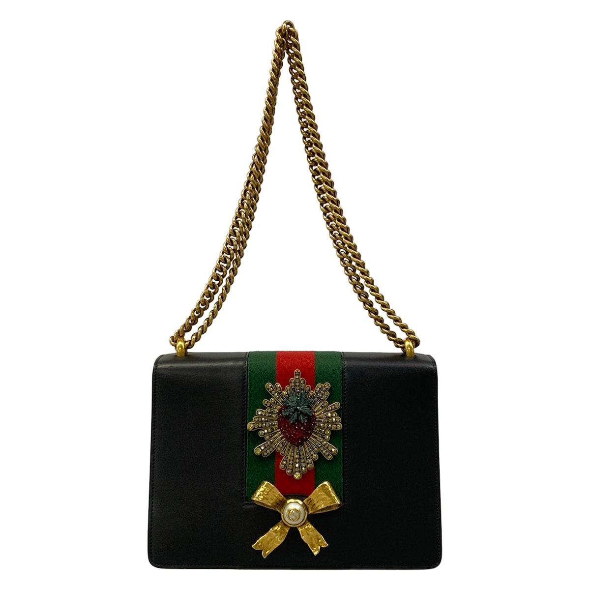 Gucci Shoulder Bag Peoni Black Strawberry Bijou Leather