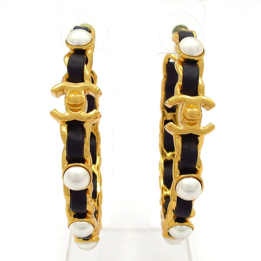 Chanel Earrings Leather Gold Black Ivory