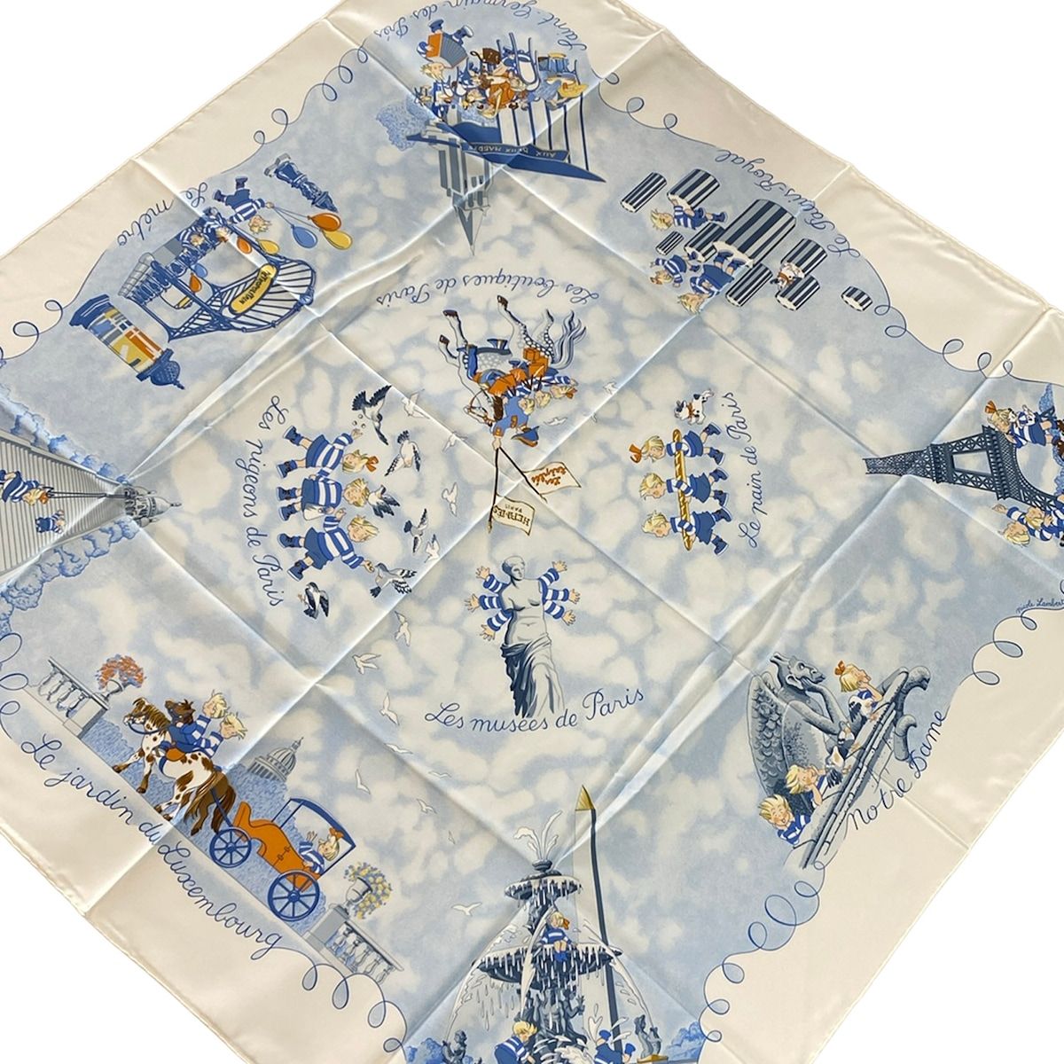 Hermes Scarf Carre 90 Light Blue White Multi les Triples de Paris