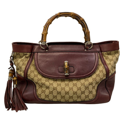 Gucci Tote Bamboo GG Pattern Beige Dark Brown Bordeaux Leather